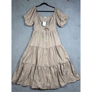 NWT Skylar Rose Dress Womens Large Beige Puff Sleeve Smocked Tiered Boho Maxi